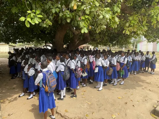 Secondary school assembly gathered outdoors under a large tree, The Gambia, 2022