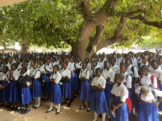 Secondary school assembly gathered outdoors under a large tree, The Gambia, 2022